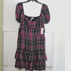 A Bar III Milkmaid Baby Doll Boho Dress Plaid Cottage Core Prarie NWT